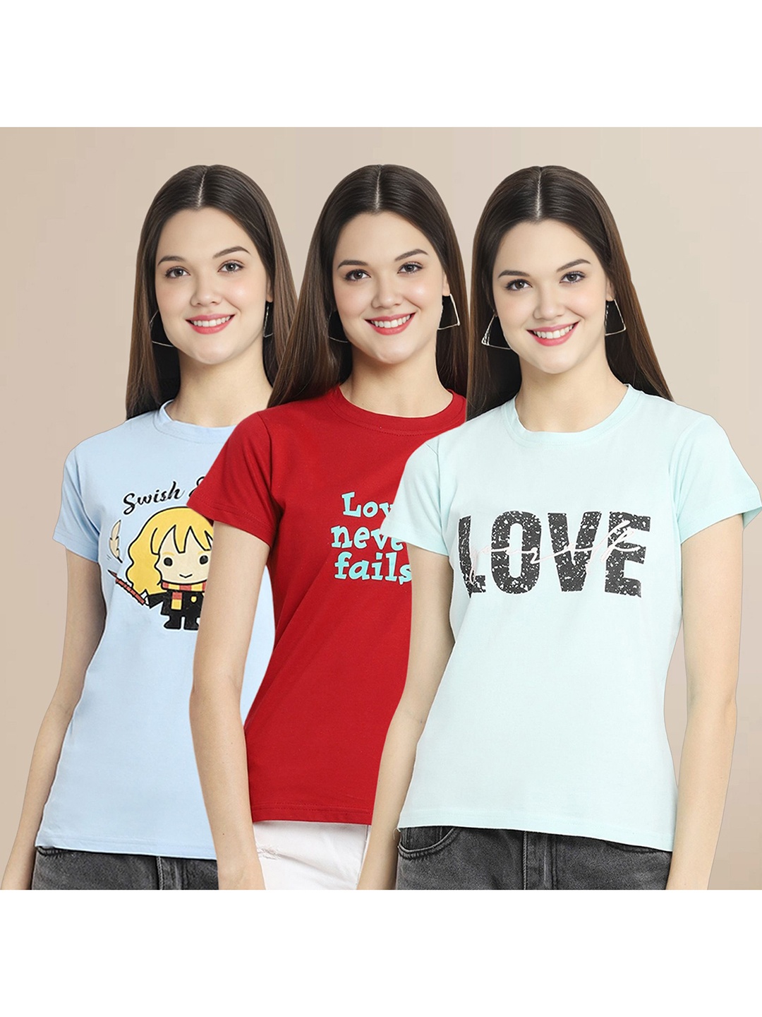 

Metronaut Women Pack Of 3 Typography Printed Round Neck Cotton T-shirts, Blue