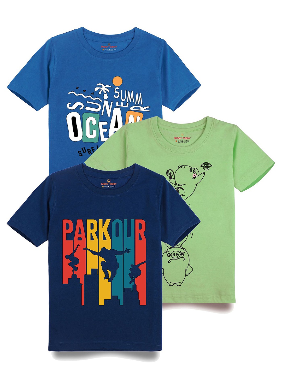 

Kiddy Viddy Boys Pack Of 3 Typography Printed Round Neck Cotton T-shirts, Navy blue