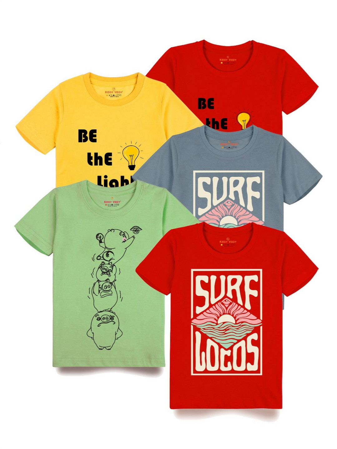 

Kiddy Viddy Boys Pack Of 5 Typography Printed Round Neck Cotton T-shirts, Red