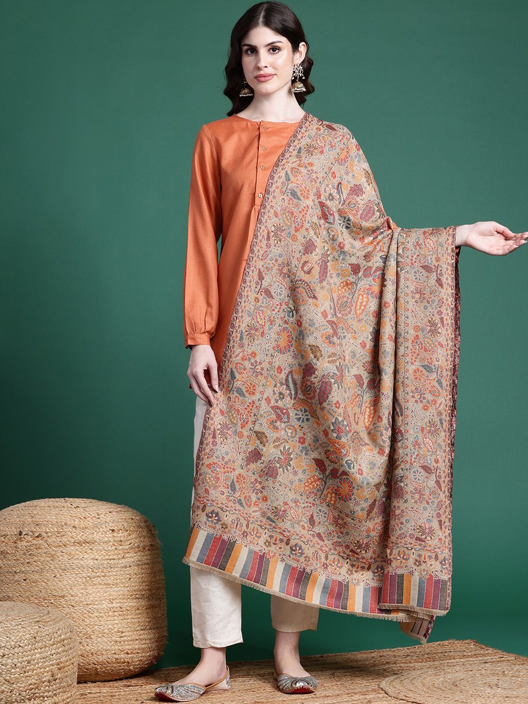 

Sangria Floral Woven Design Shawl, Beige