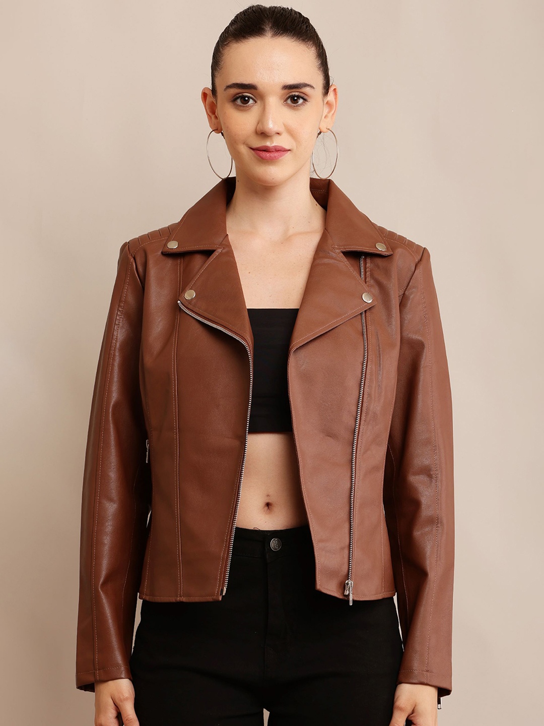 

TBOJ Women Leather Lightweight Crop Outdoor Leather Jacket, Tan