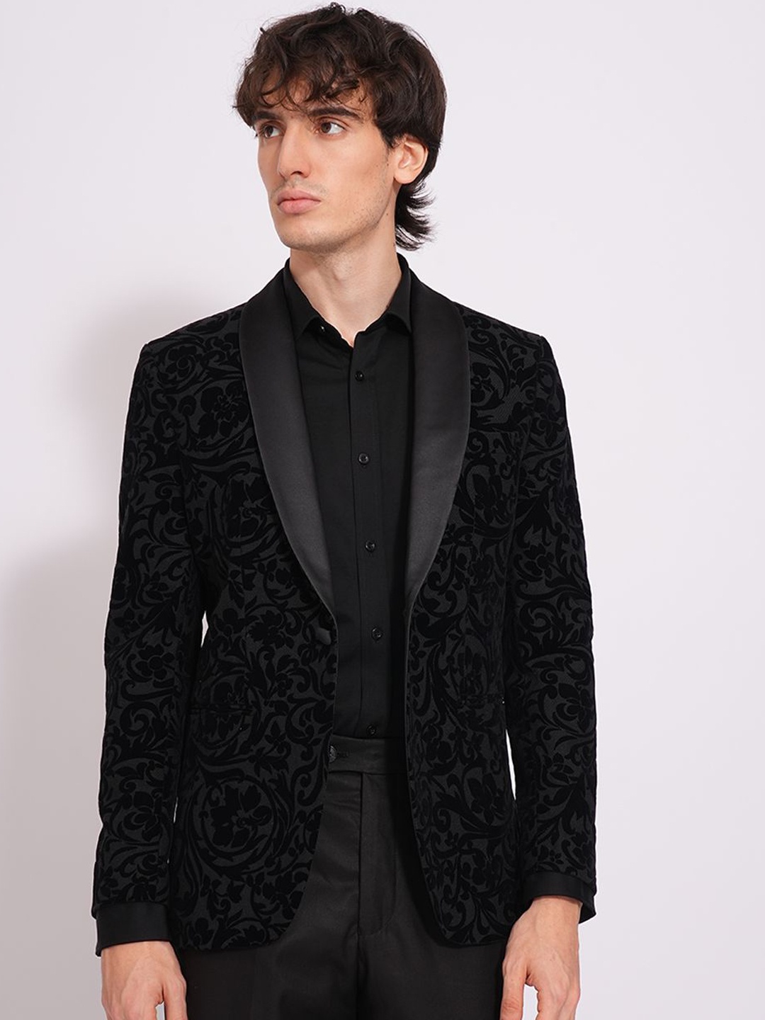 

SELECTED Self-Design Slim-Fit Single-Breasted Party Blazer, Black