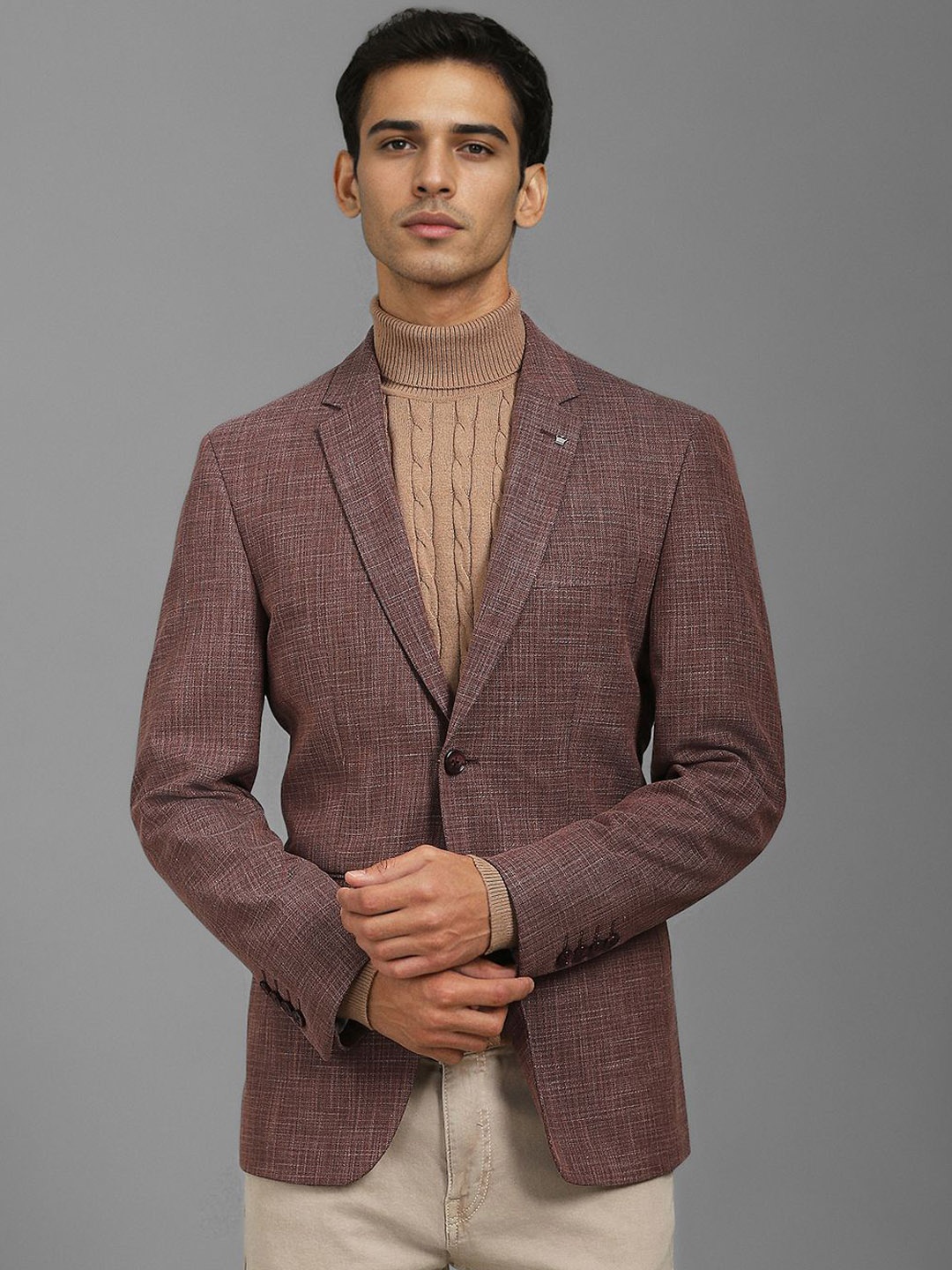 

Louis Philippe Self Design Slim Fit Single-Breasted Formal Blazer, Brown