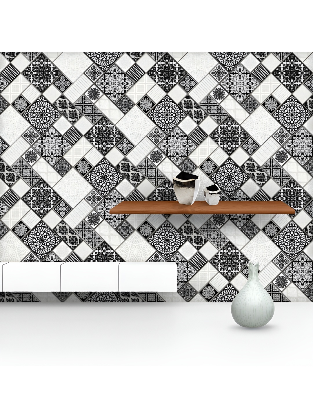 

ArtzFolio Printed UV-Resistant Anti-Bacterial Monochrome Patchwork Pattern Peel & Stick Wallpaper, Multi