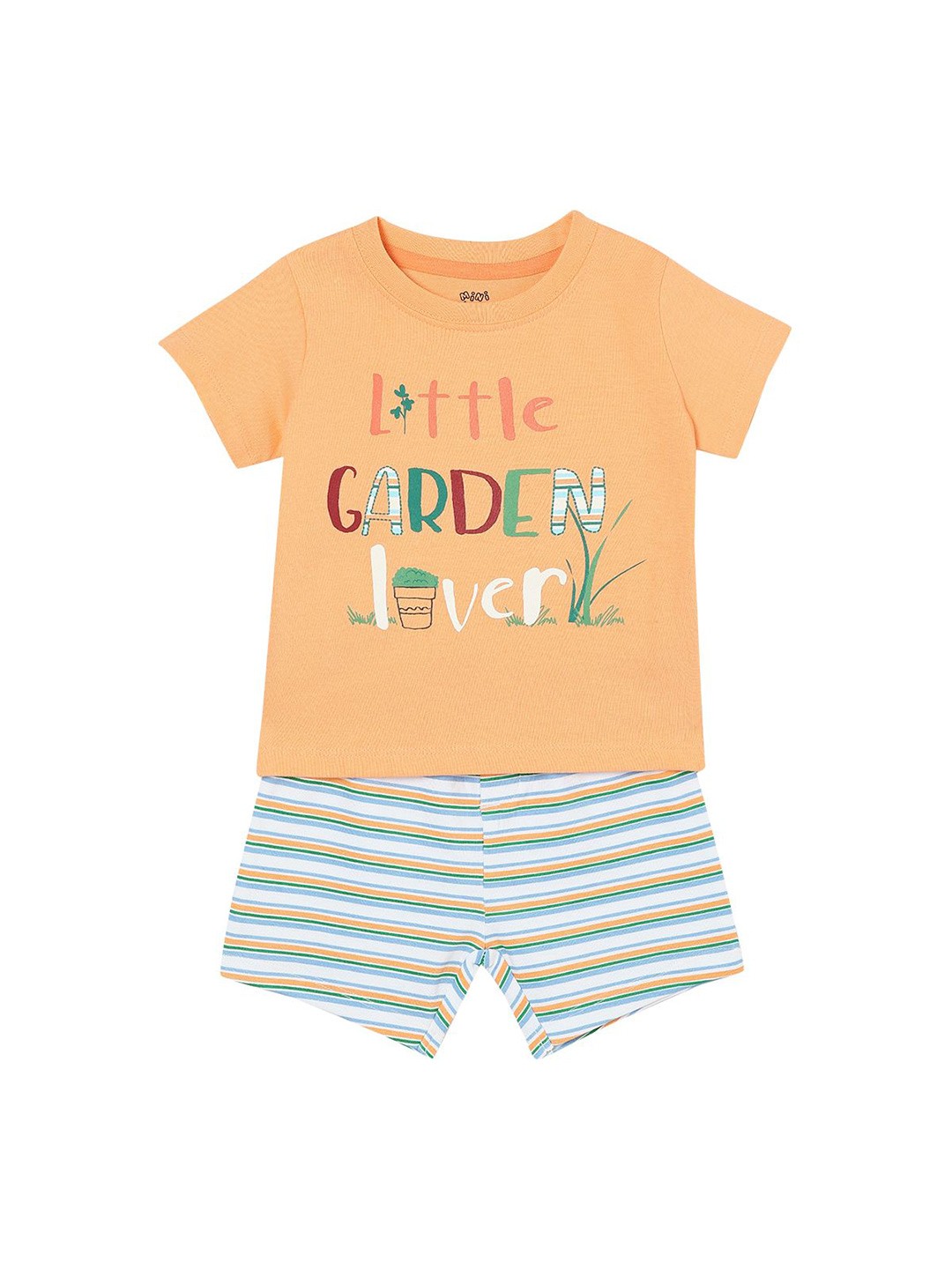

MINI KLUB Boys Printed Round Neck Short Sleeves Pure Cotton T-Shirt With Trouser, Orange