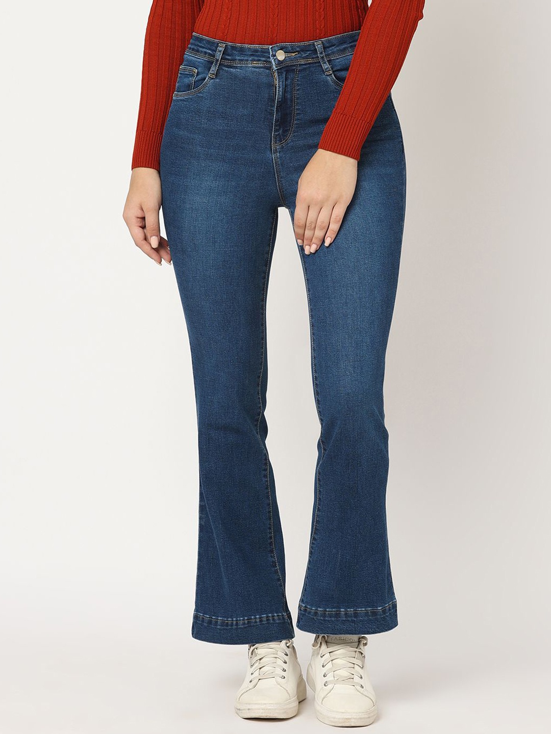 

Kraus Jeans Women Flared High-Rise Light Fade Cotton Jeans, Blue