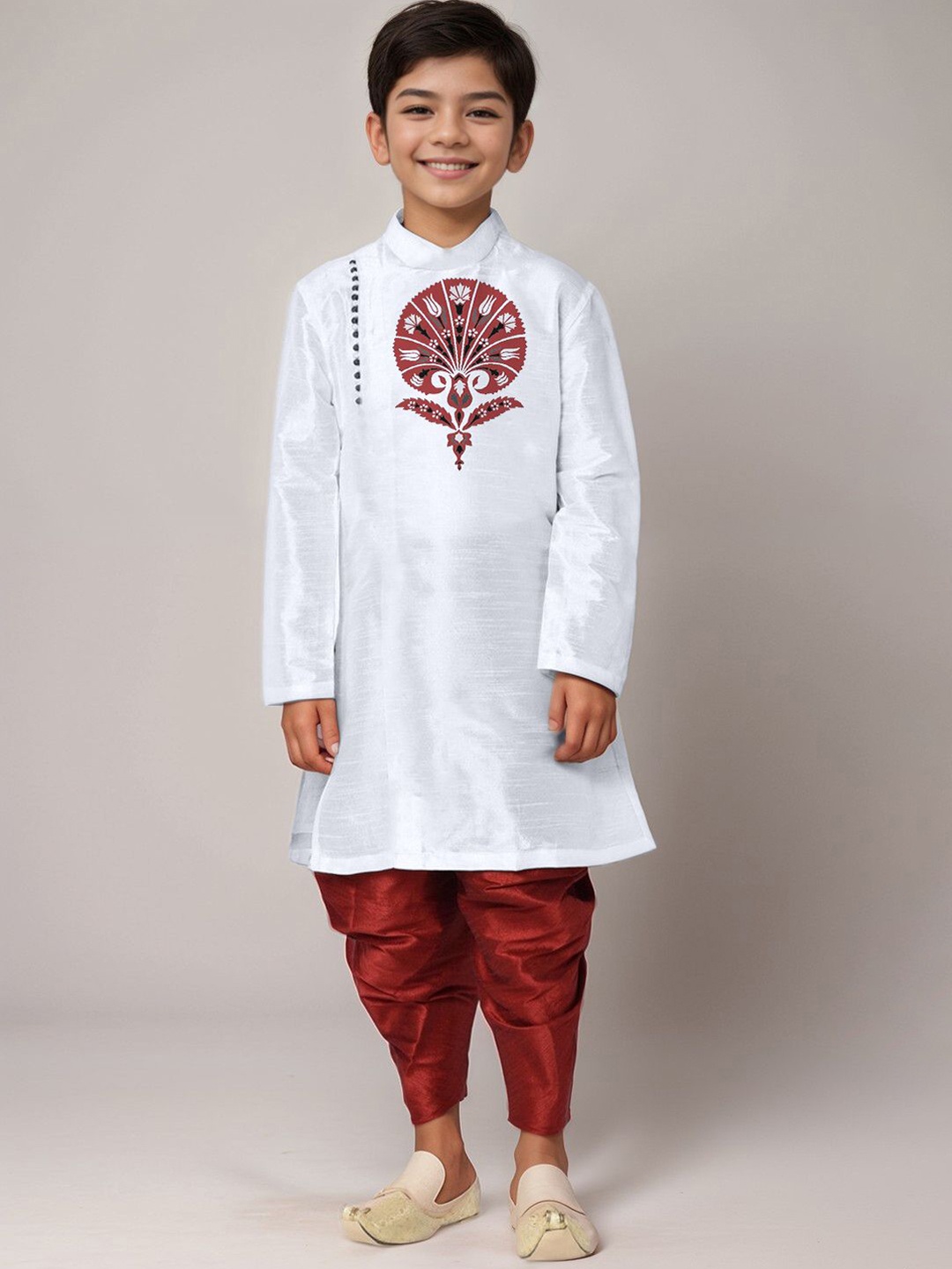

DEVOILER Boys Ethnic Motifs Printed Side Placket Dupion Silk Kurta, White