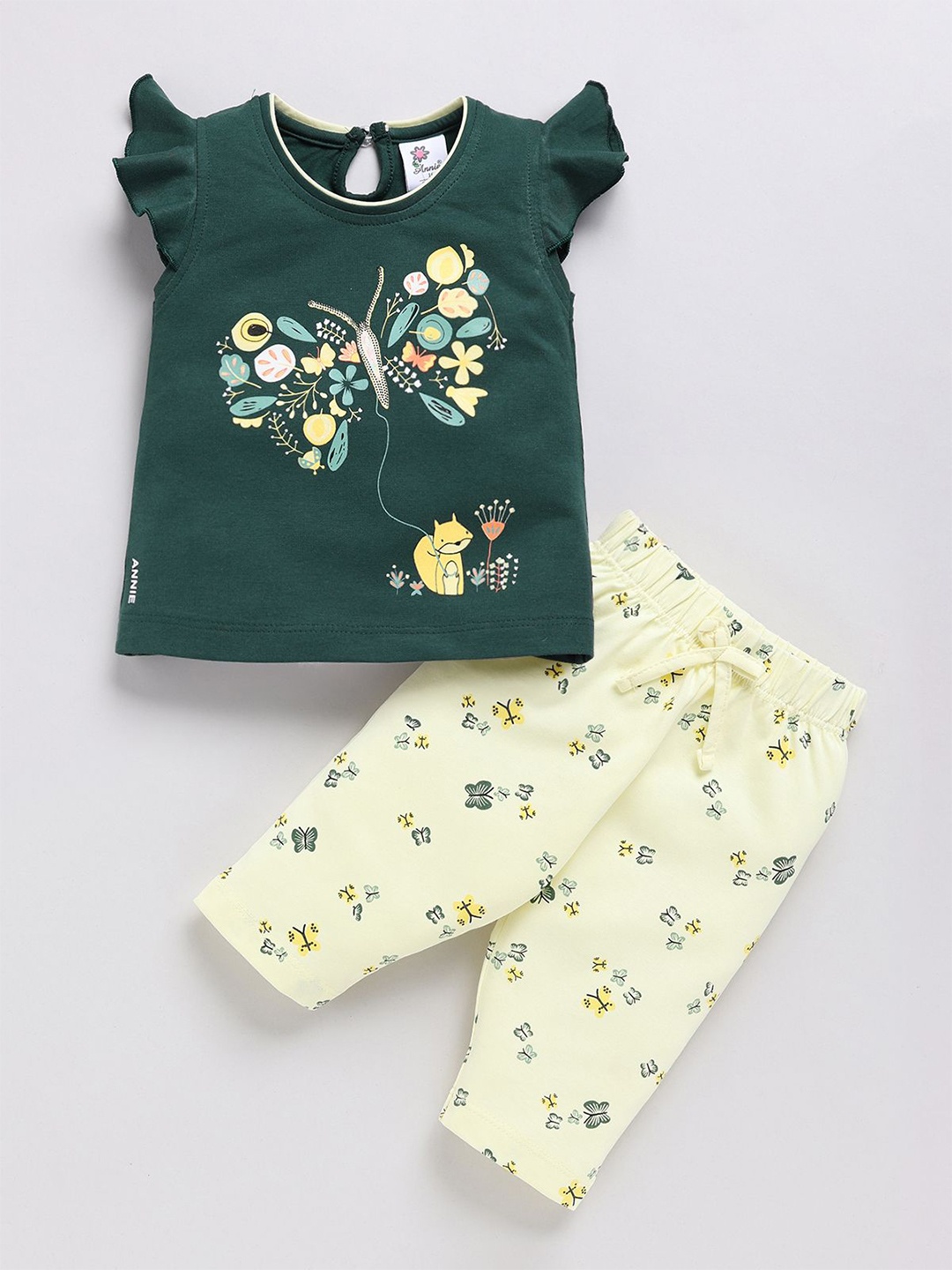 

Annie Girls Printed Pure Cotton Top with Shorts, Green
