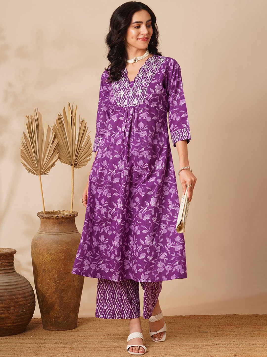 

FASHOR Floral Printed Pleated Mirror Work Pure Cotton A-Line Kurta With Palazzos, Purple