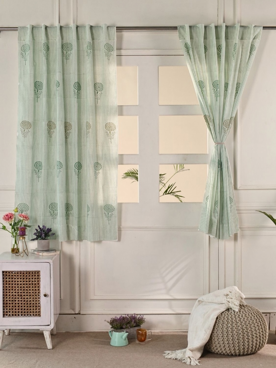 

Peepul Tree Marigold Teal Green 2 Pieces Floral Printed Sheer Window Curtains