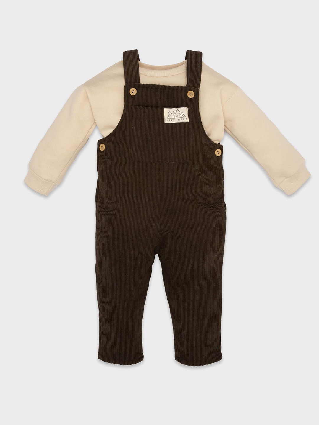 

DeFacto Boys Self Design Shoulder Straps Neck Sleeveless Dungaree With T-Shirt, Beige