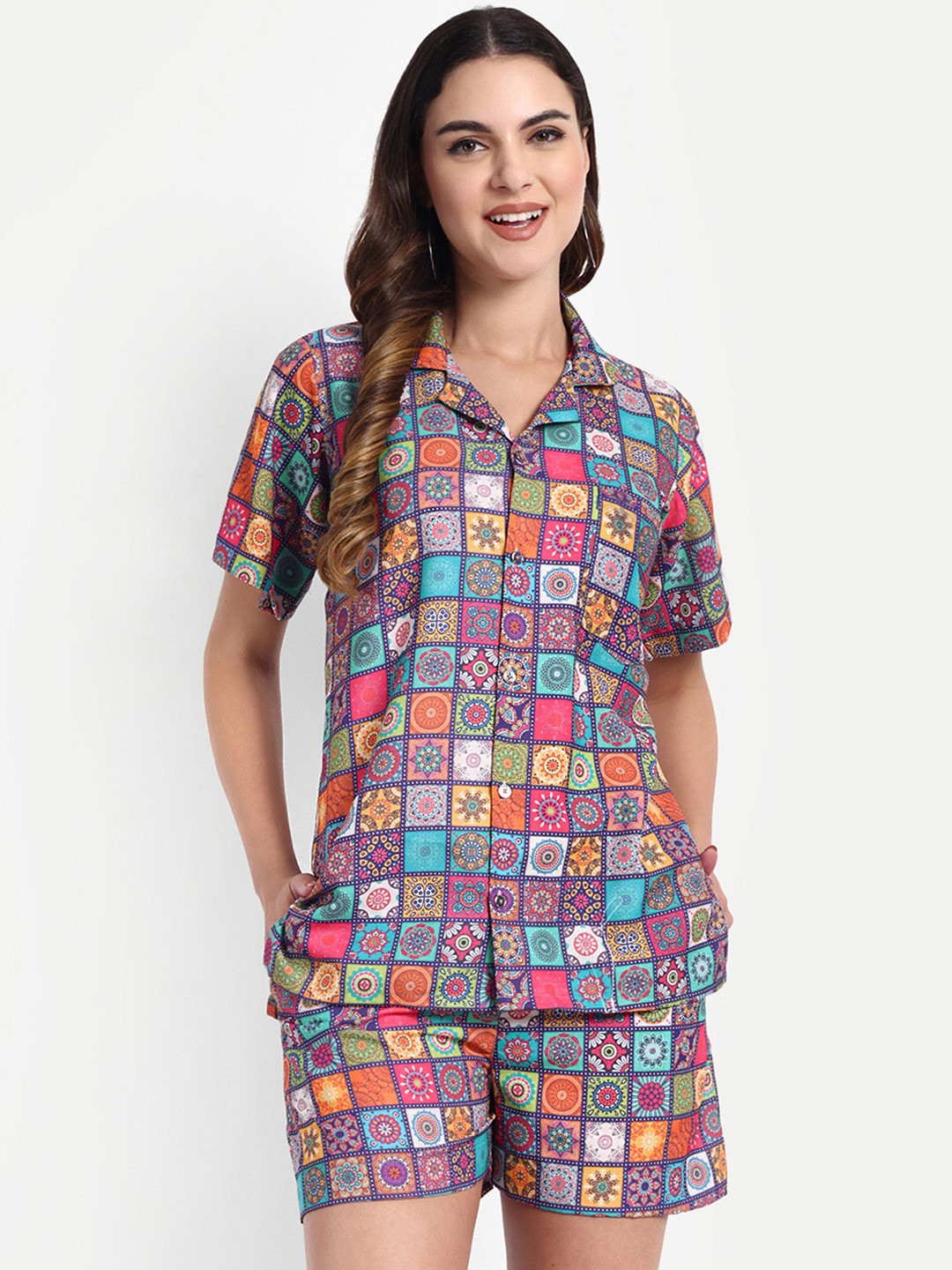 

TILISM Geometric Printed Pure Cotton Shirt With Shorts, Blue