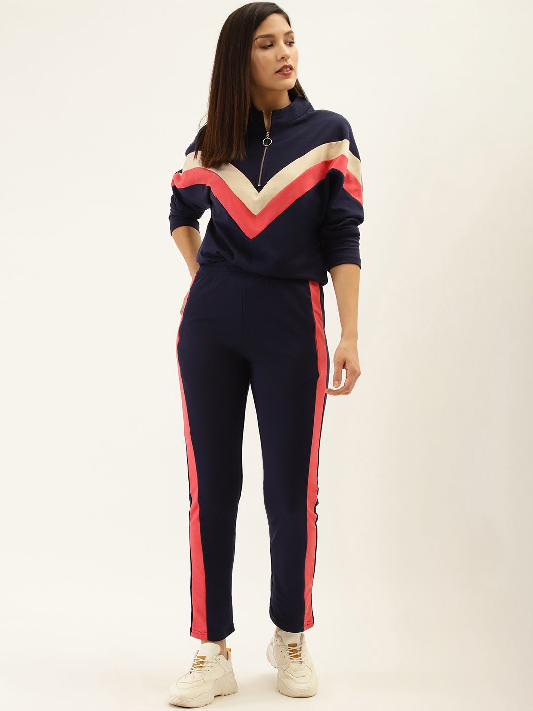 

Laabha Women Mock Neck Stripes Tracksuit, Navy blue