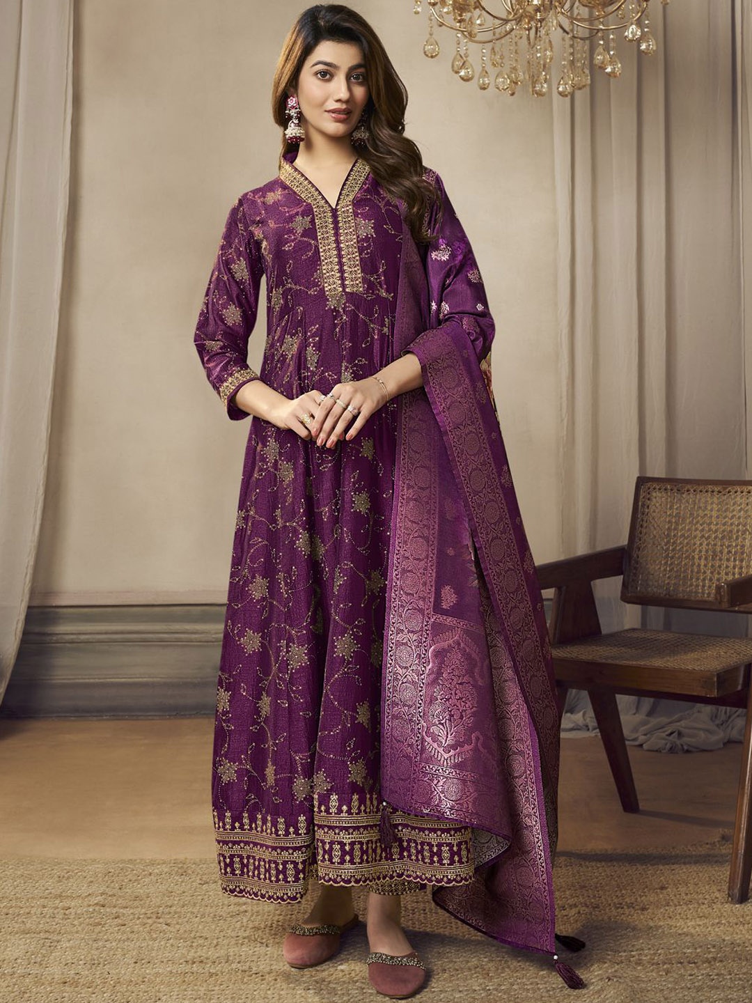 

all about you Purple Floral Embroidered V-Neck Anarkali Kurta With Trousers & Dupatta