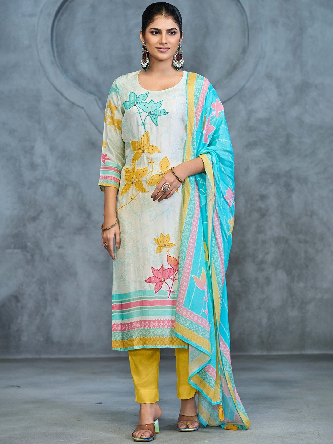 

all about you Floral Embroidered Regular Straight Kurta with Trousers & Dupatta, Blue