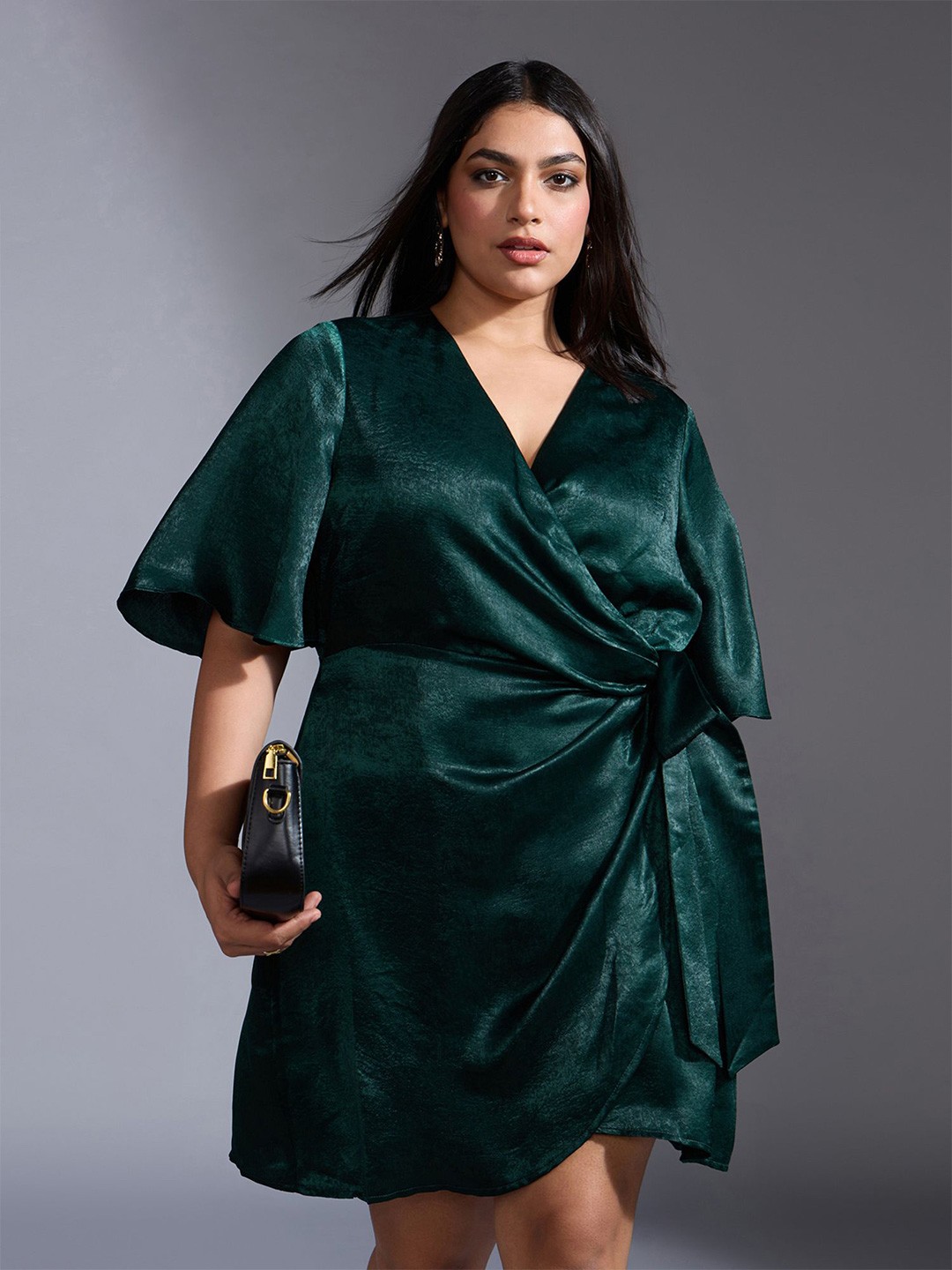 

20Dresses Flared Sleeve Wrap Mini Plus Size Dress, Green