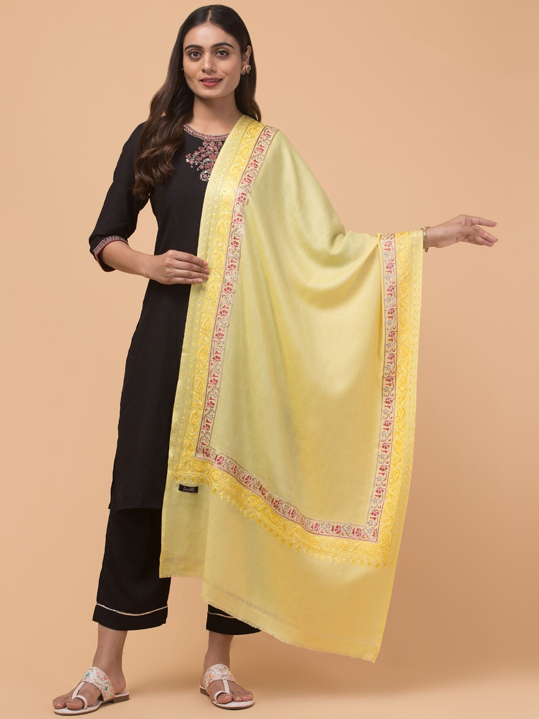 

Tweedle Floral Embroidered Woollen Shawl, Yellow