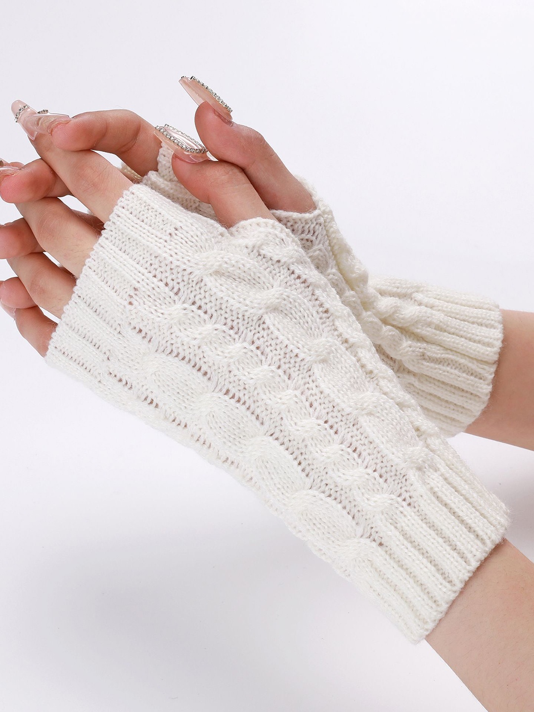 

Alexvyan Women Winter Self Design Fingerless Gloves, White