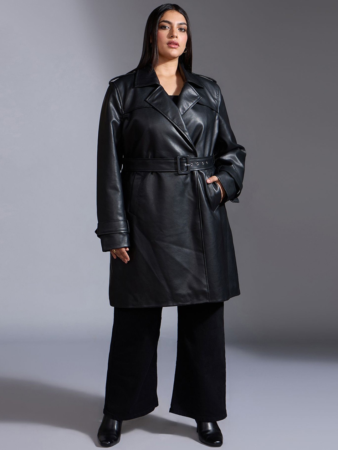 

20Dresses Women Notched Lapel Full Sleeves Long Leather Overcoat With Belt, Black