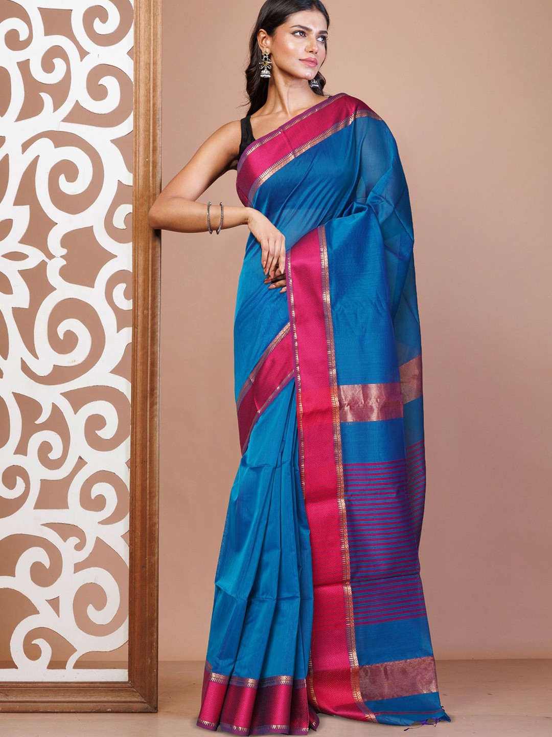 

Unnati Silks Woven Design Zari Maheshwari Saree, Blue