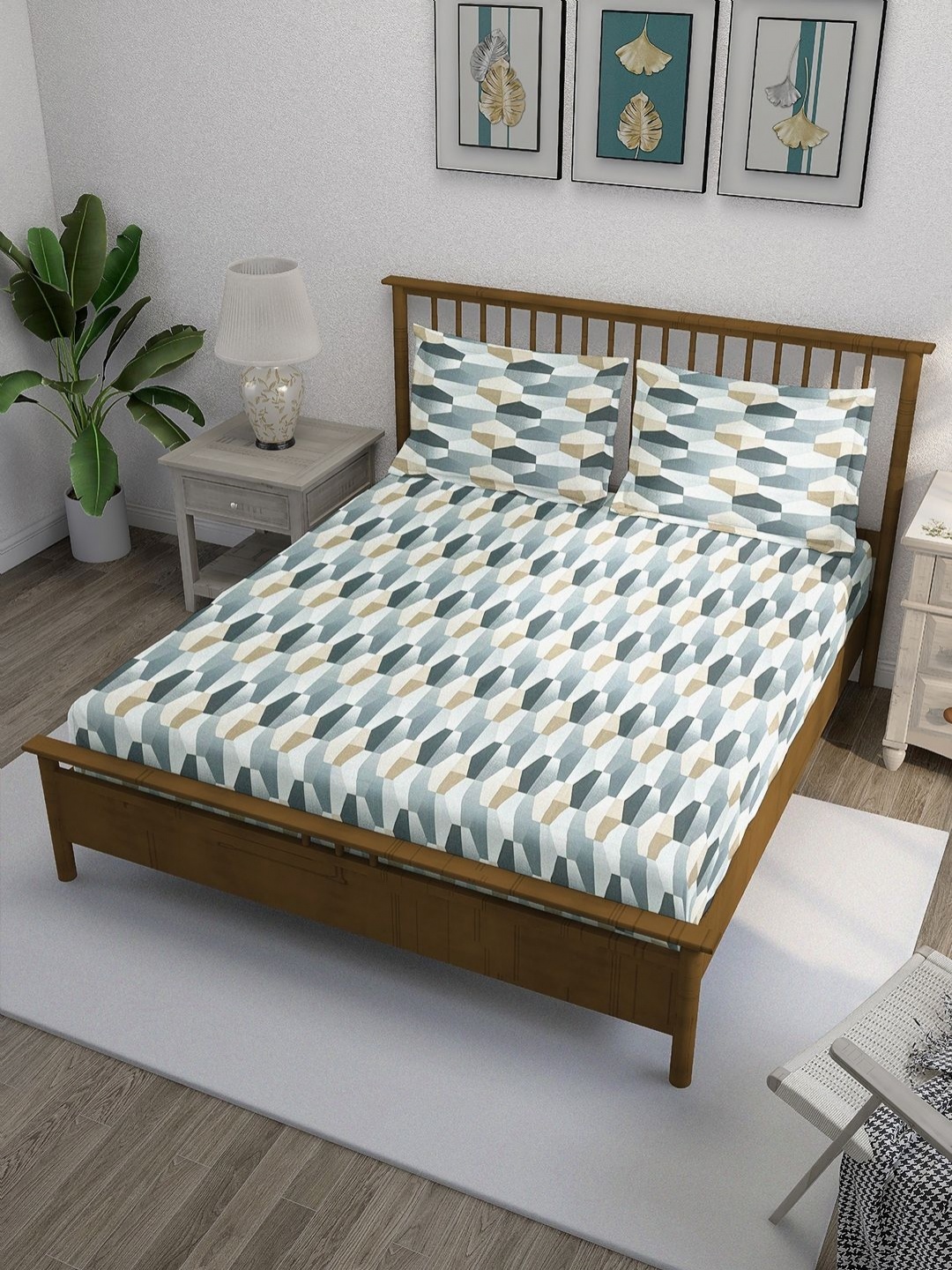 

SWAYAM Ananda Grey Printed Pure Cotton 210 TC Fitted Queen Bedsheet Set 1.98 x 1.82m