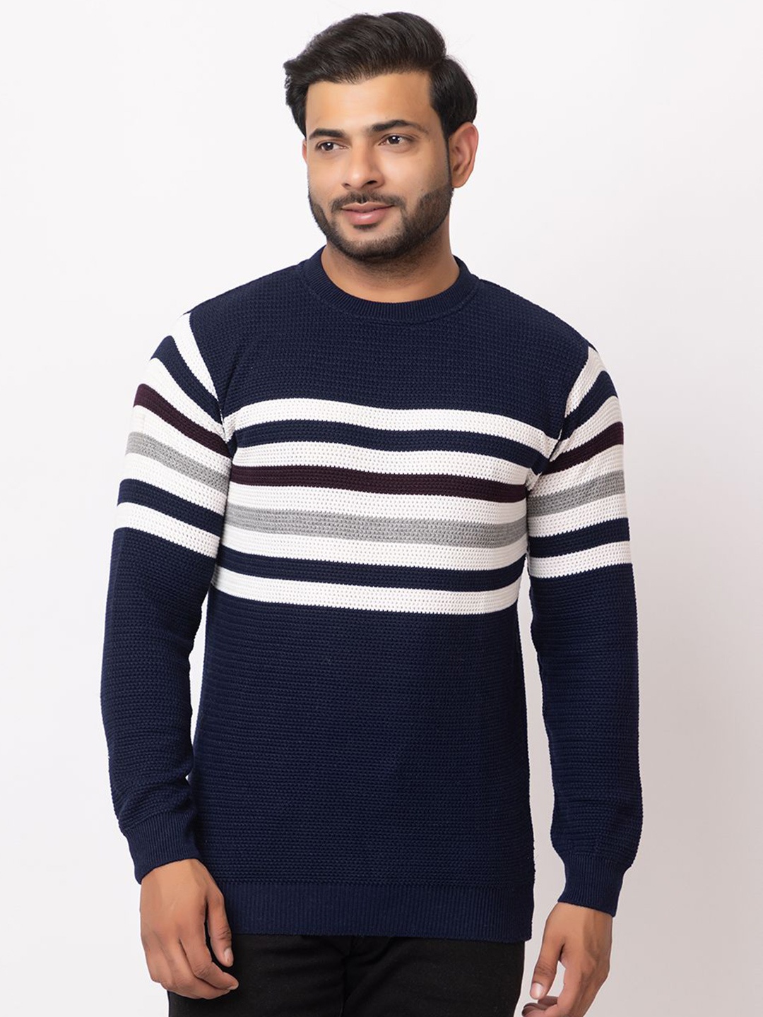 

LO G LO Men Striped Round Neck Long Sleeves Pullover Sweater, Navy blue