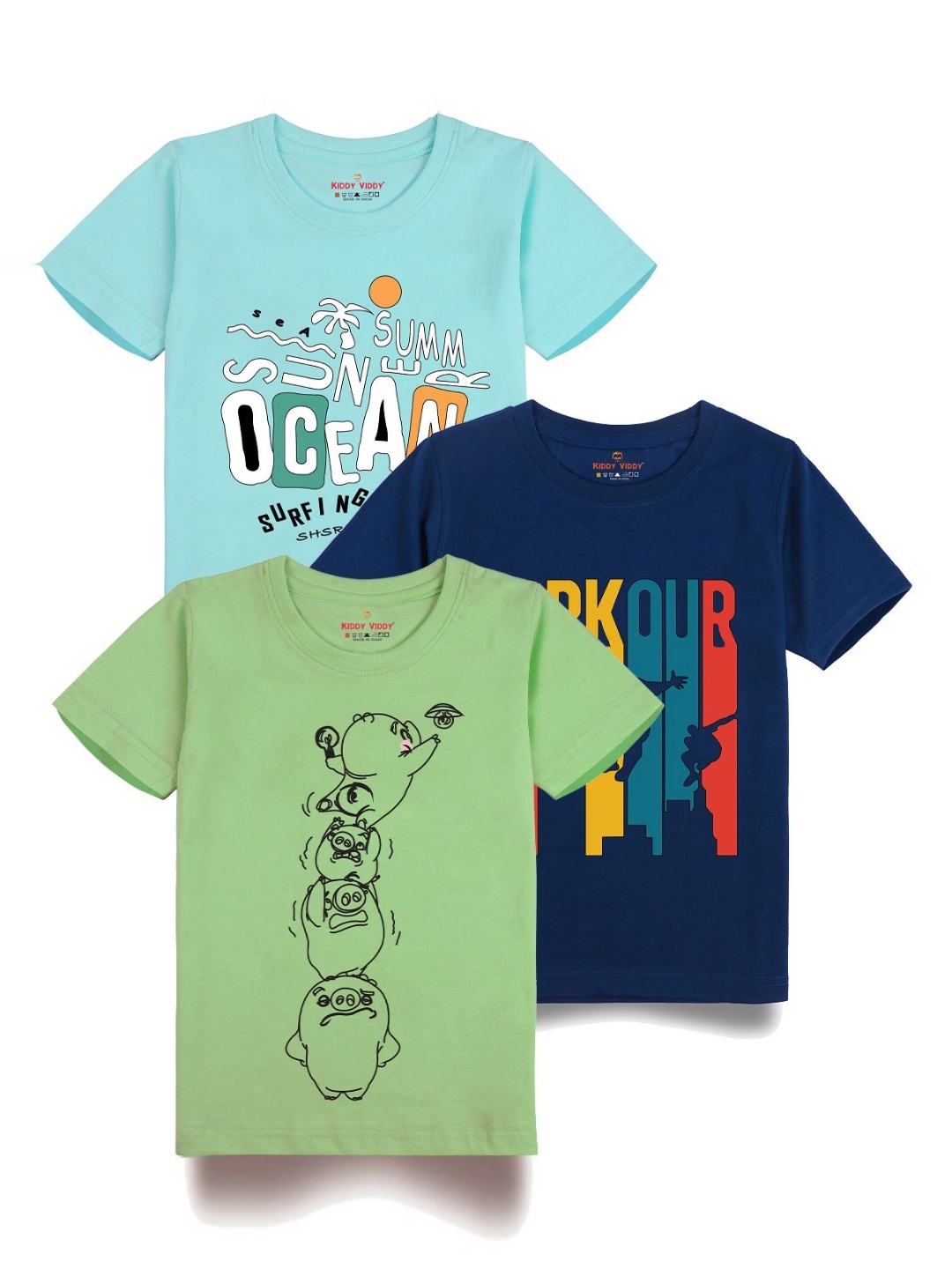 

Kiddy Viddy Boys Pack Of 3 Typography Printed Round Neck Cotton T-shirts, Navy blue