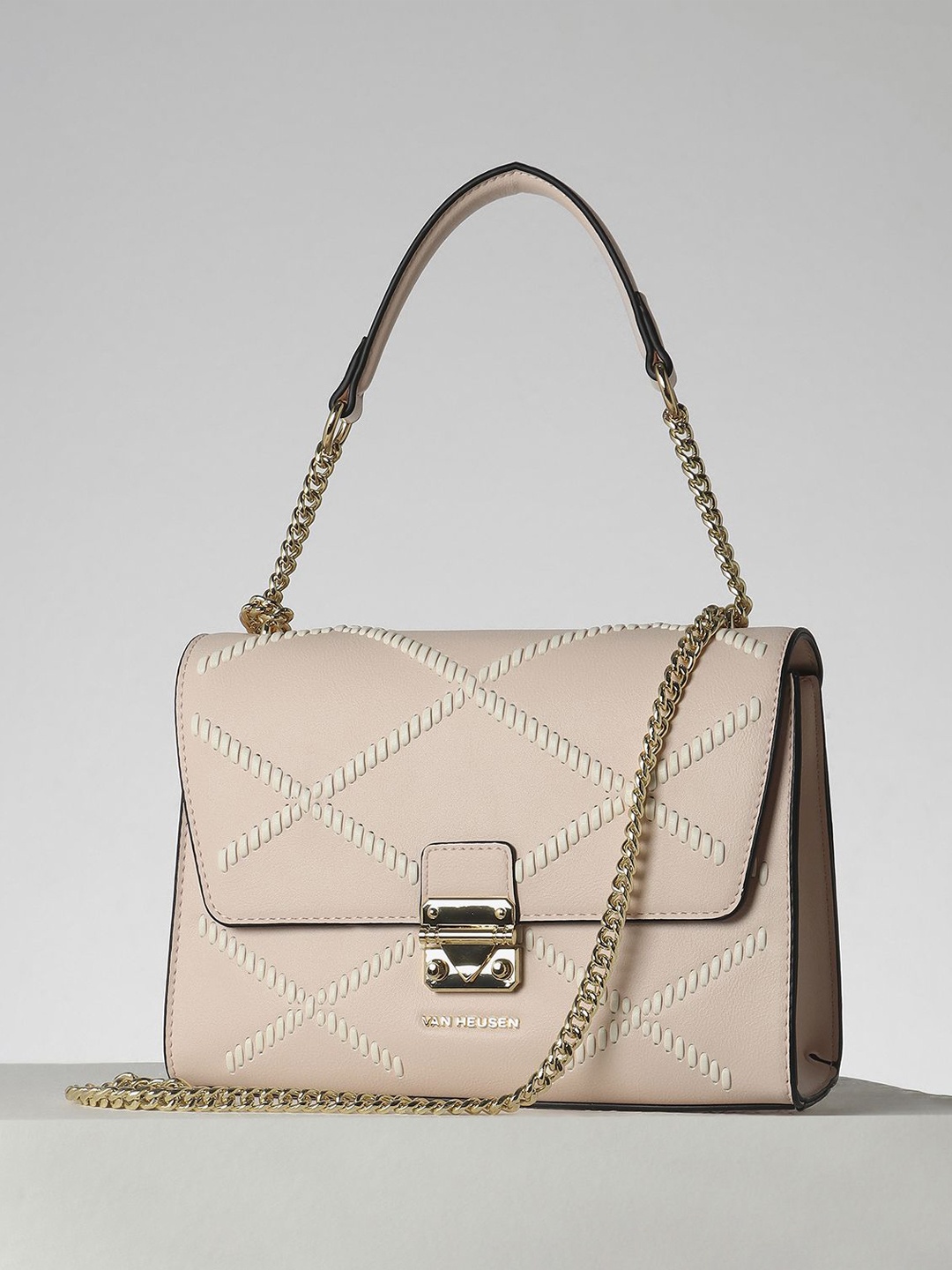 

Van Heusen Woman Geometric Printed PU Structured Sling Bag, Peach