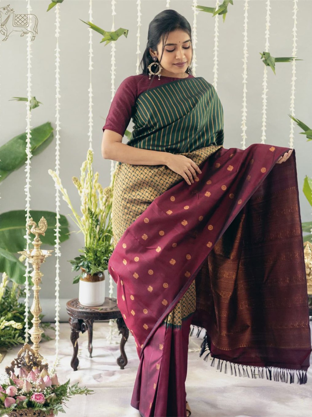 

bansari textiles Woven Design Zari Kanjeevaram Saree, Green