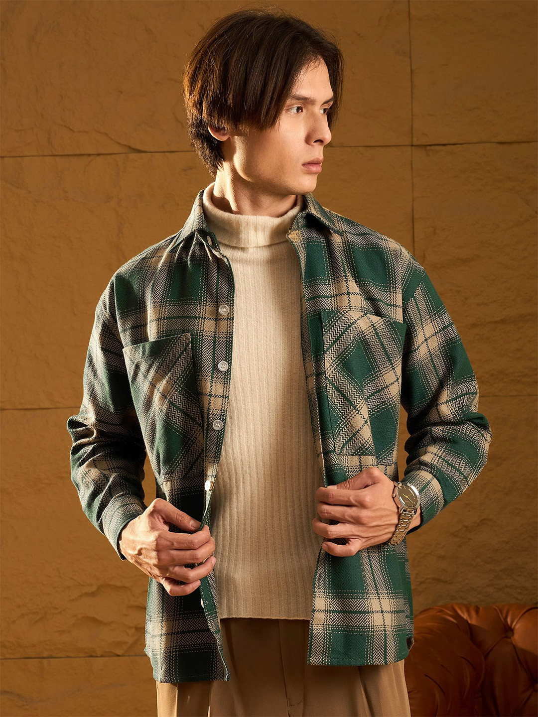 

DENNISON Men Double Pocket Drop Shoulder Oversized Cotton Checked Shacket, Green