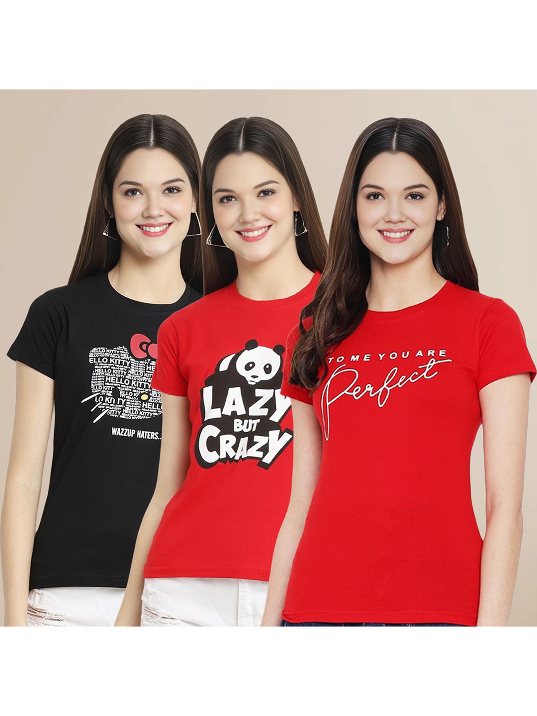 

Metronaut Women Pack Of 3 Typography Printed Round Neck Cotton T-shirts, Black