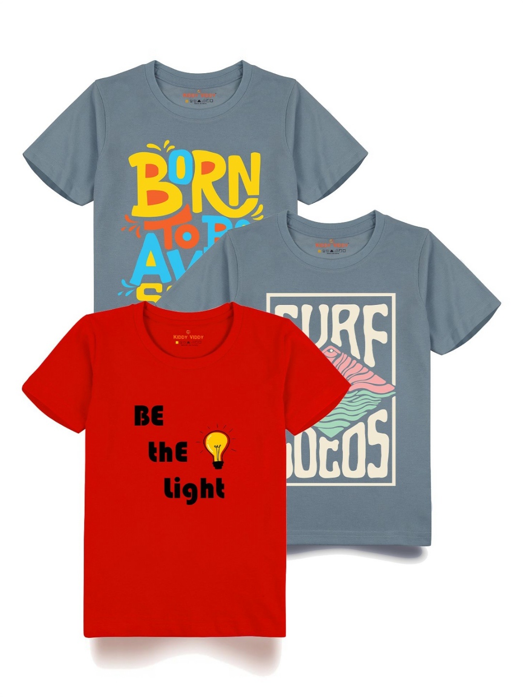 

Kiddy Viddy Boys Pack Of 3 Typography Printed Round Neck Cotton T-shirts, Grey