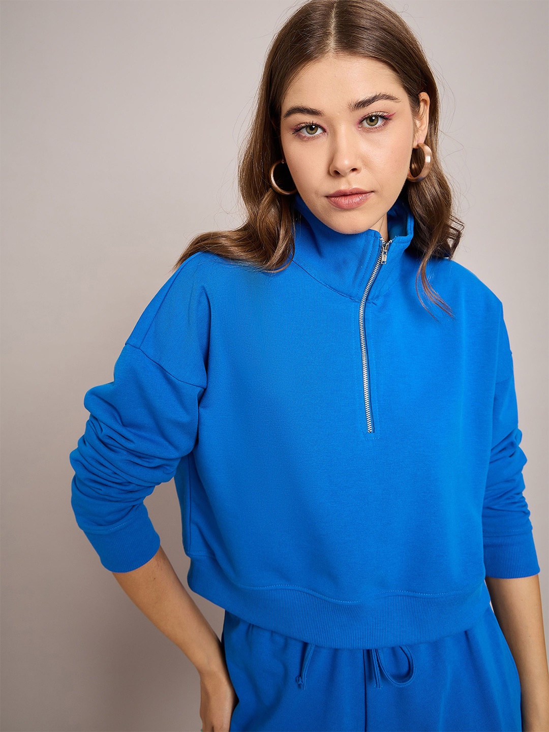 

SASSAFRAS BASICS Women Mock Collar Sweatshirt, Blue