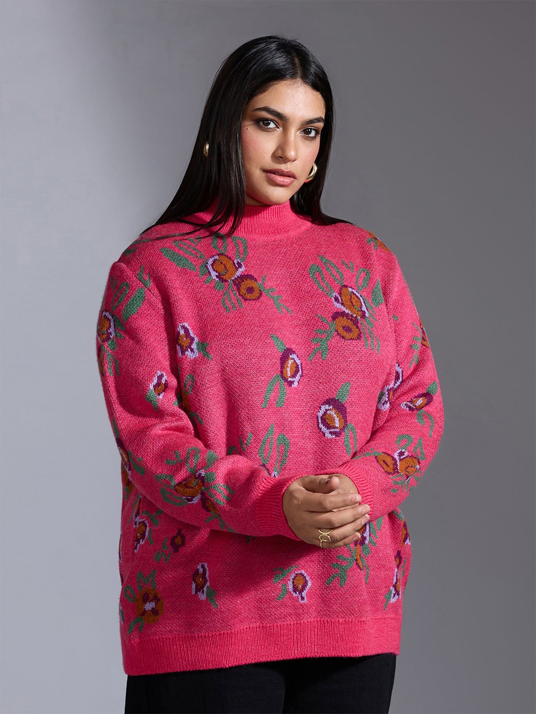 

20Dresses Women Floral Printed High Neck Long Sleeves Pullover, Pink