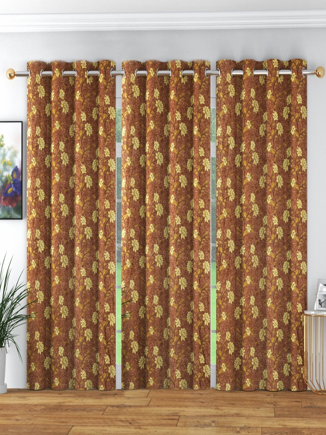 

ANA Brown & Yellow 3 Pieces Floral Room Darkening Long Door Curtain