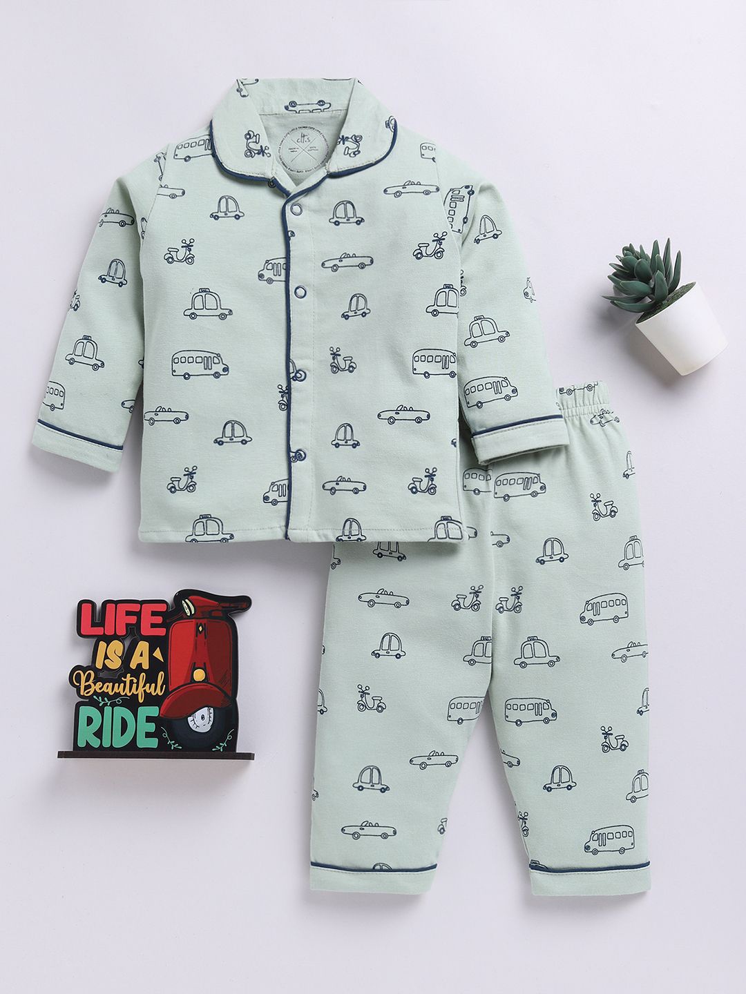 

Clt.s Kids - Unisex Printed Pure Cotton Shirt Collar Night suit, Green