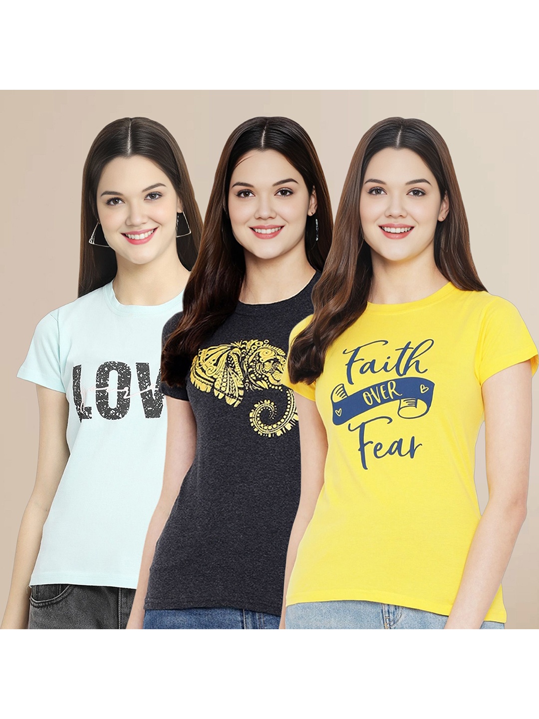 

Metronaut Women Pack Of 3 Typography Printed Round Neck Cotton T-shirts, White