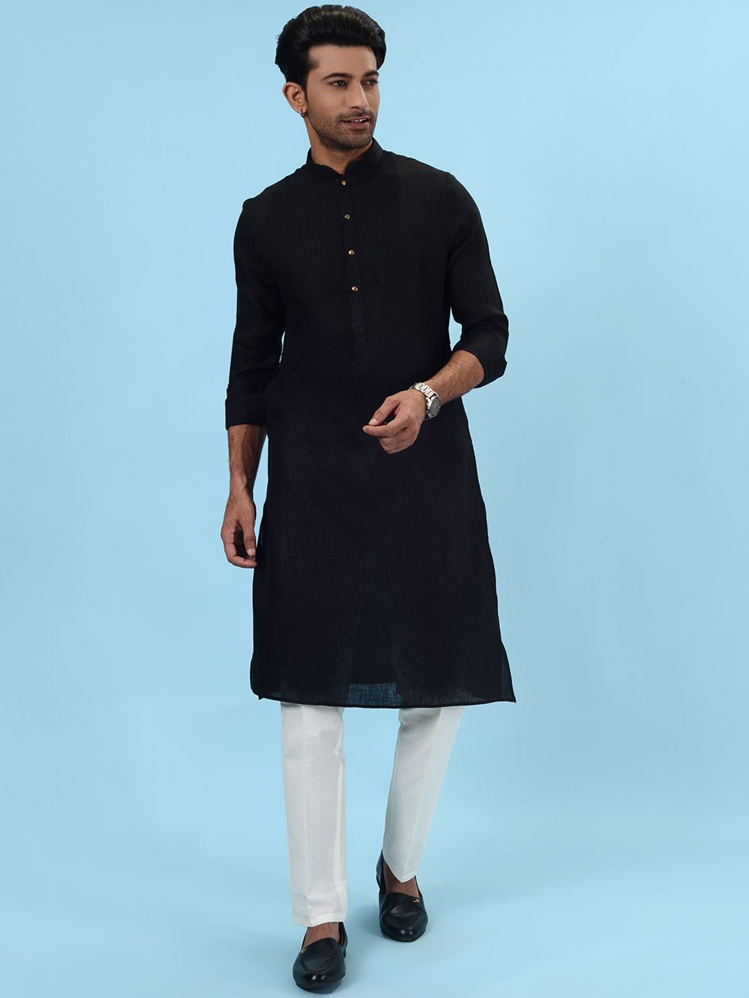 

azania Mandarin Collar Long Sleeves Regular Straight Kurta, Black