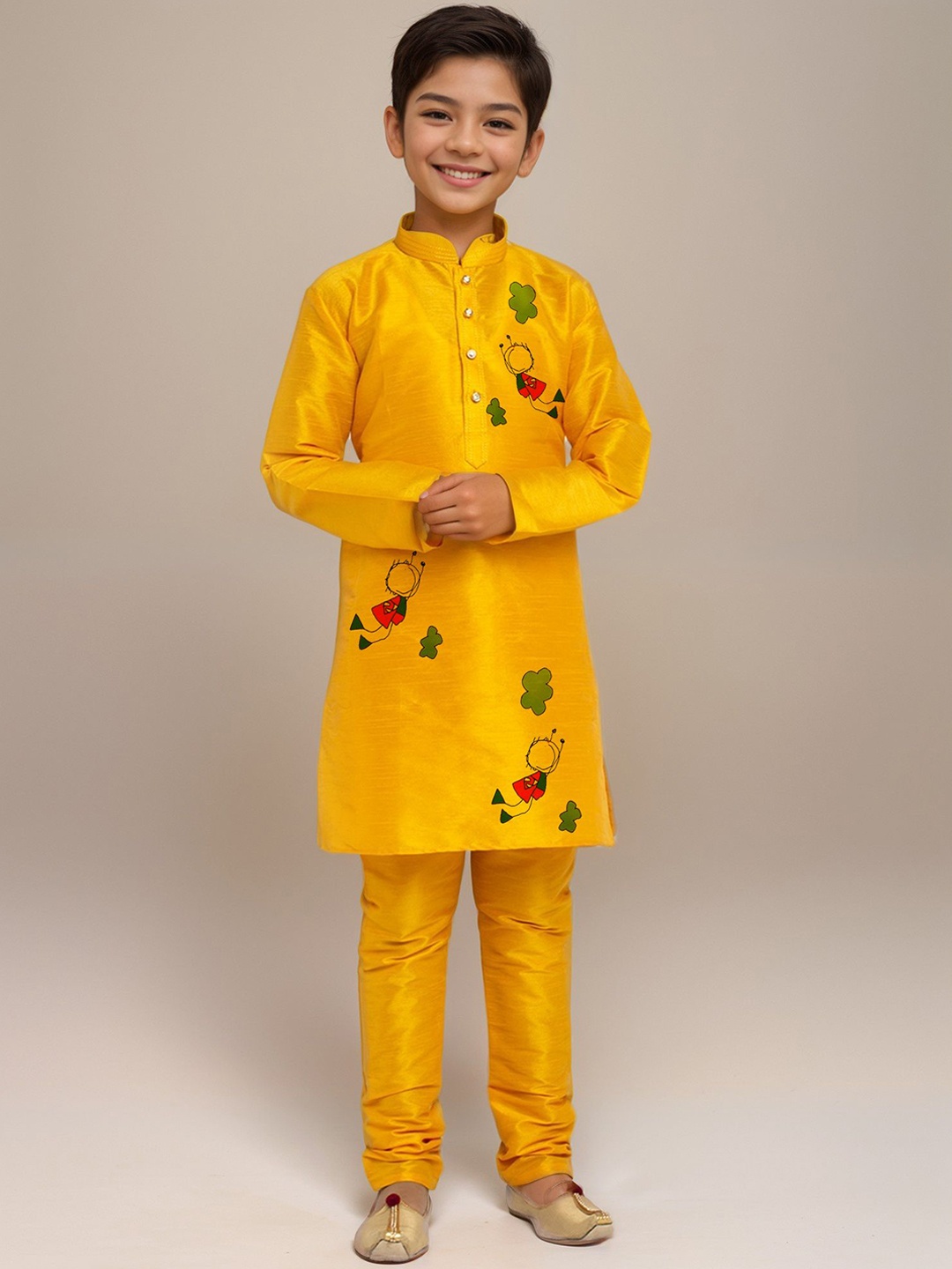 

DEVOILER Boys Geometric Printed Dupion Silk Straight Kurta, Mustard