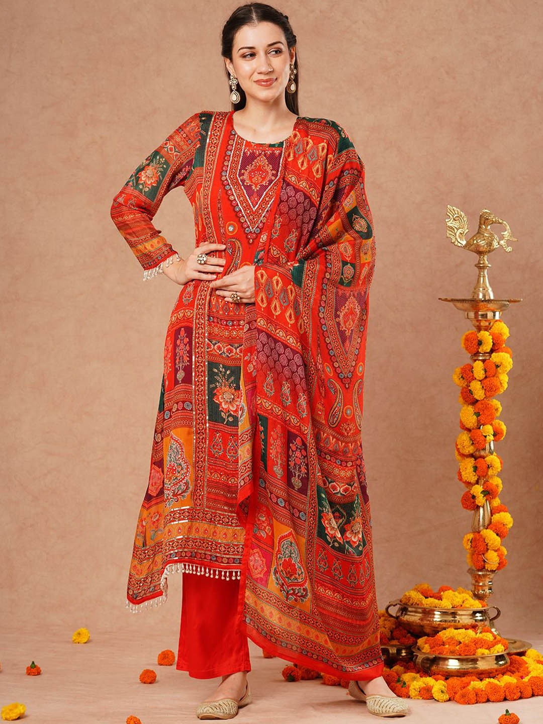 

FASHOR Floral Printed A-Line Beads and Stones Kurta with Palazzos & Dupatta, Rust