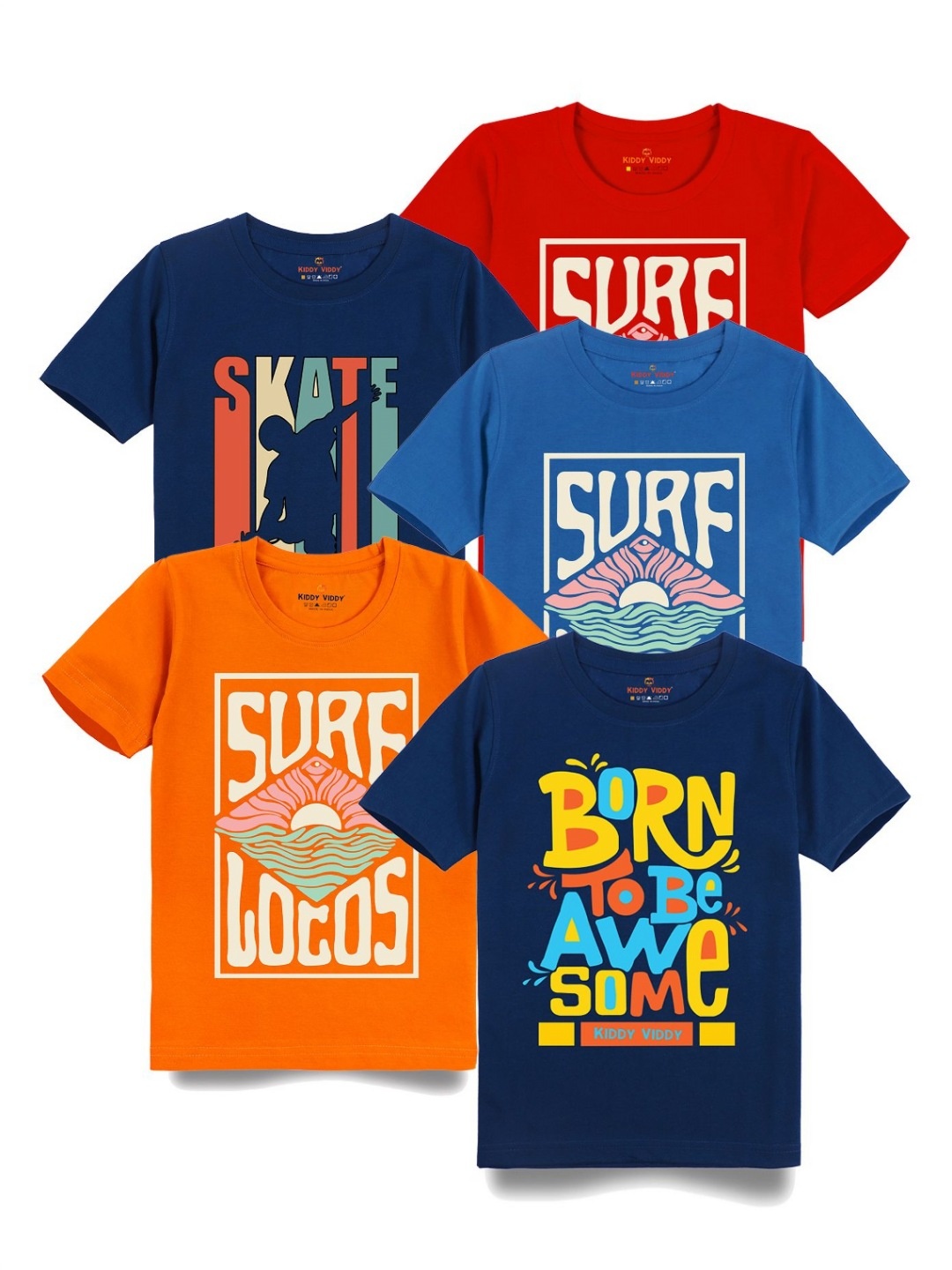 

Kiddy Viddy Boys Pack Of 5 Typography Printed Round Neck Cotton T-shirts, Navy blue