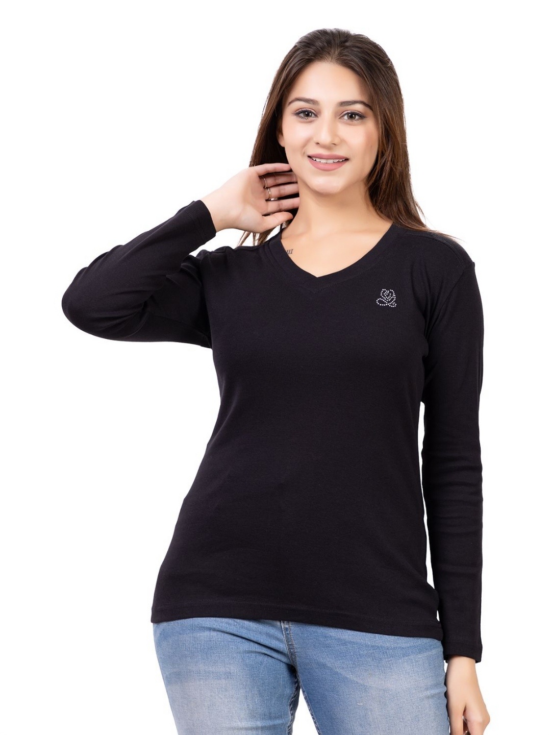 

ARIIX Women V-Neck Applique Slim Fit T-shirt, Black