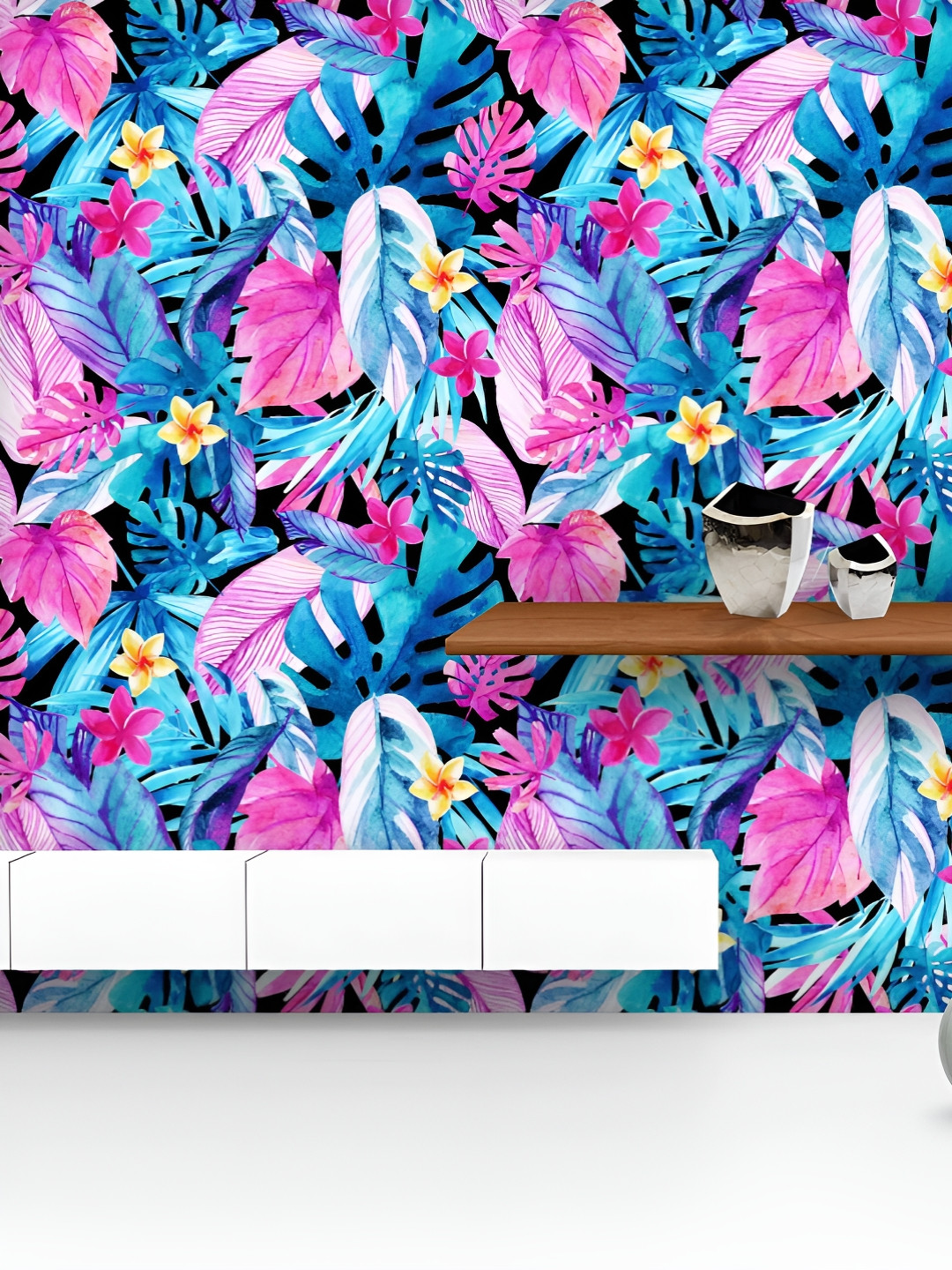 

ArtzFolio Printed UV-Resistant Anti-Bacterial Watercolor Exotic Leaves And Flowers Peel & Stick Wallpaper, Multi