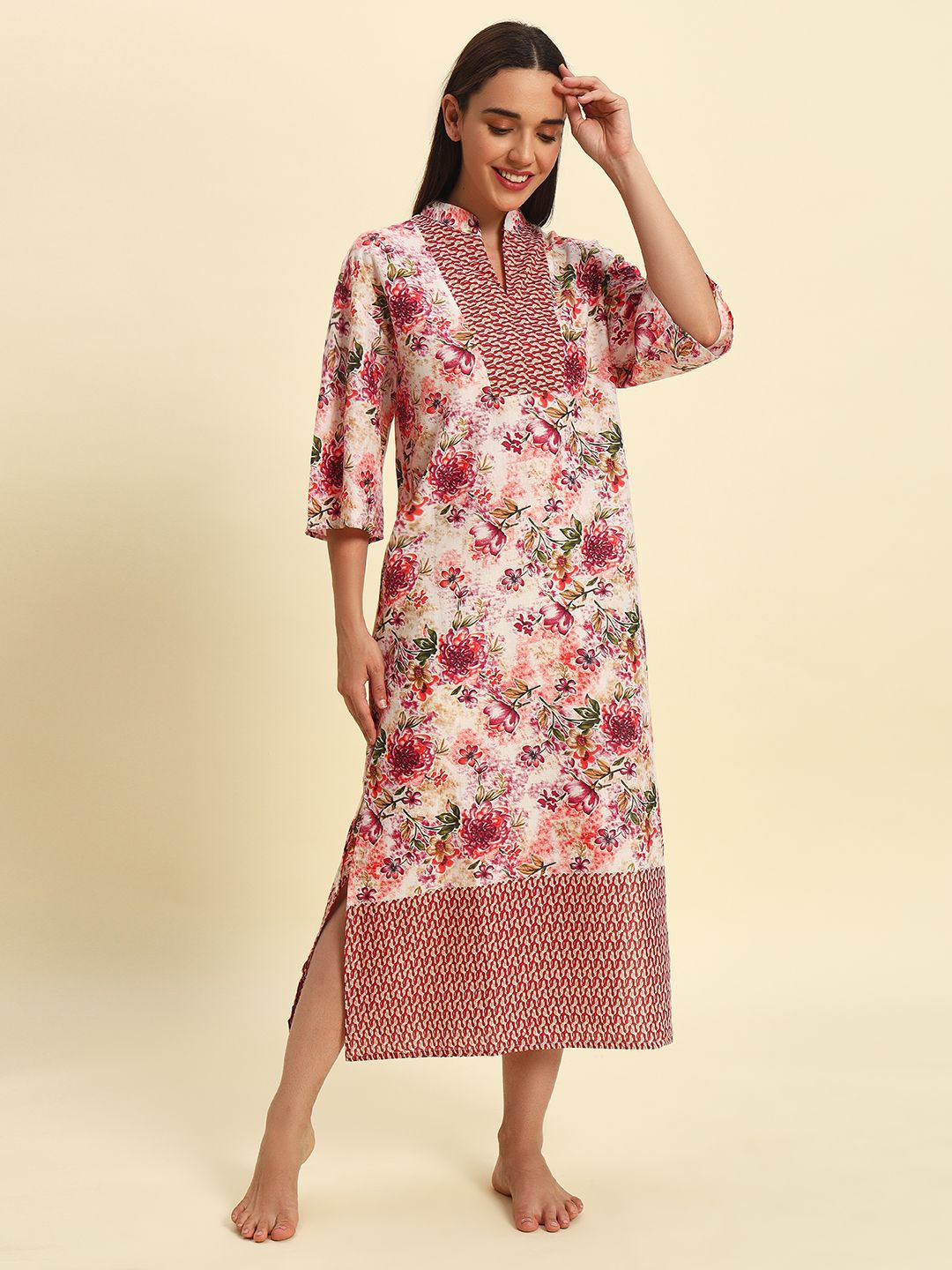 

HERE&NOW Women Pure Cotton Printed Nightdress, Pink