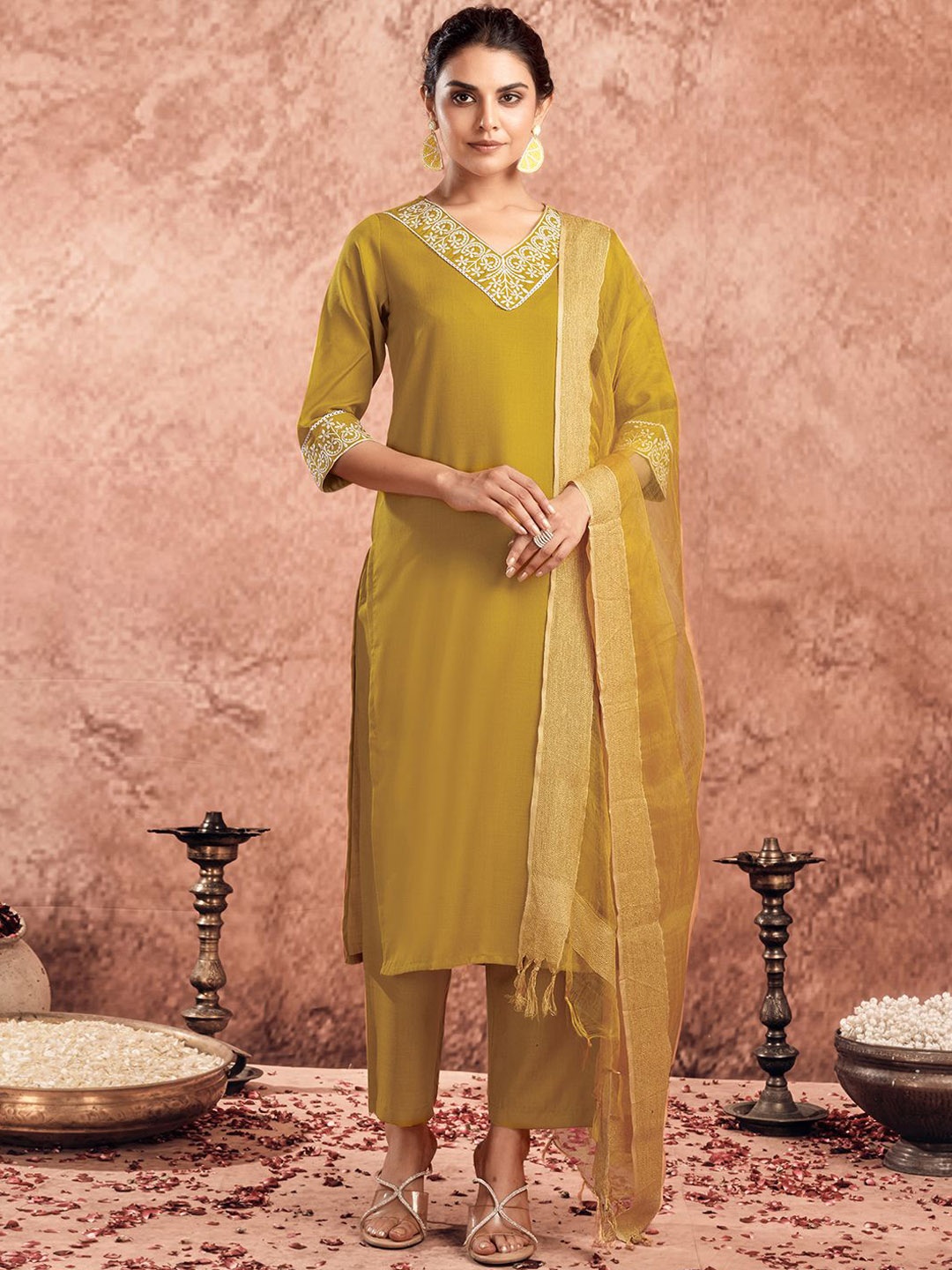 

SKYLEE Mustard Yellow Ethnic Motifs Embroidered Thread Work Kurta With Trousers & Dupatta