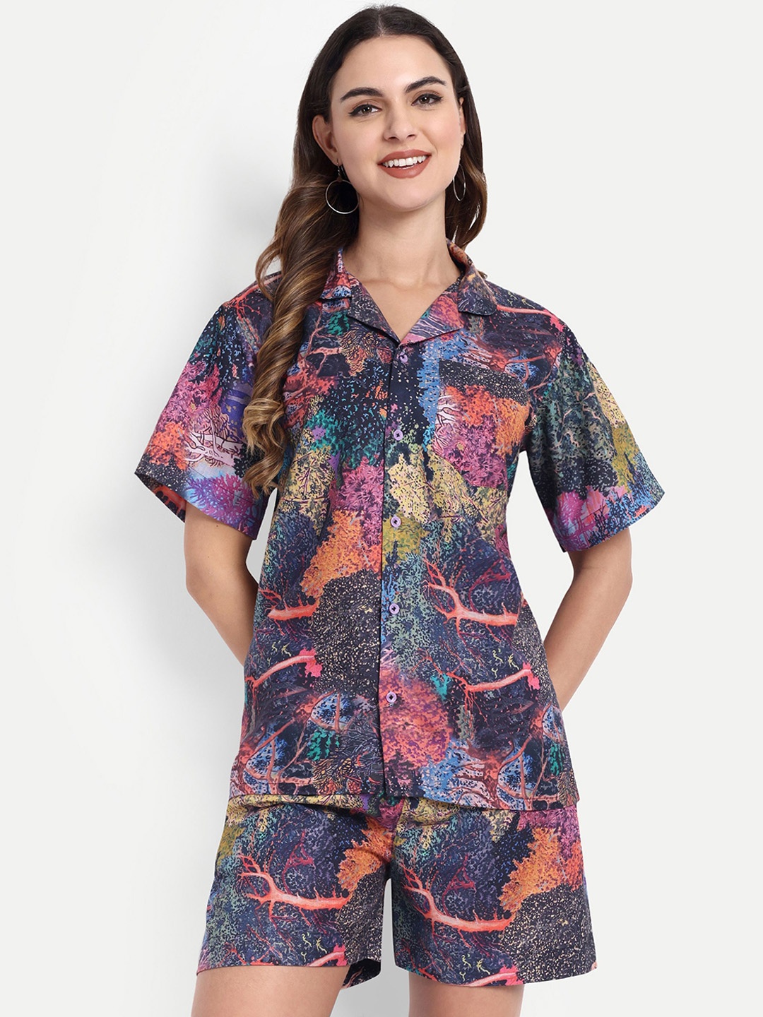 

TILISM Abstract Printed Pure Cotton Shirt with Shorts, Green