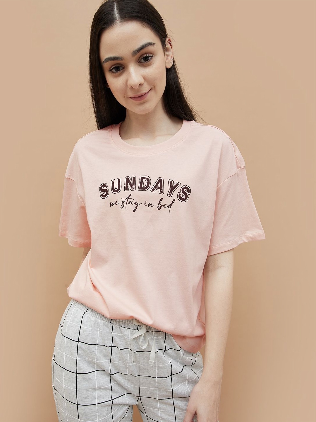 

Ginger by Lifestyle Women Typography Printed Extended Sleeves T-shirt, Peach