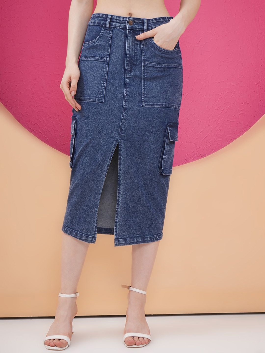 

PUELLA Women Straight Midi Mid-Rise Skirts, Navy blue