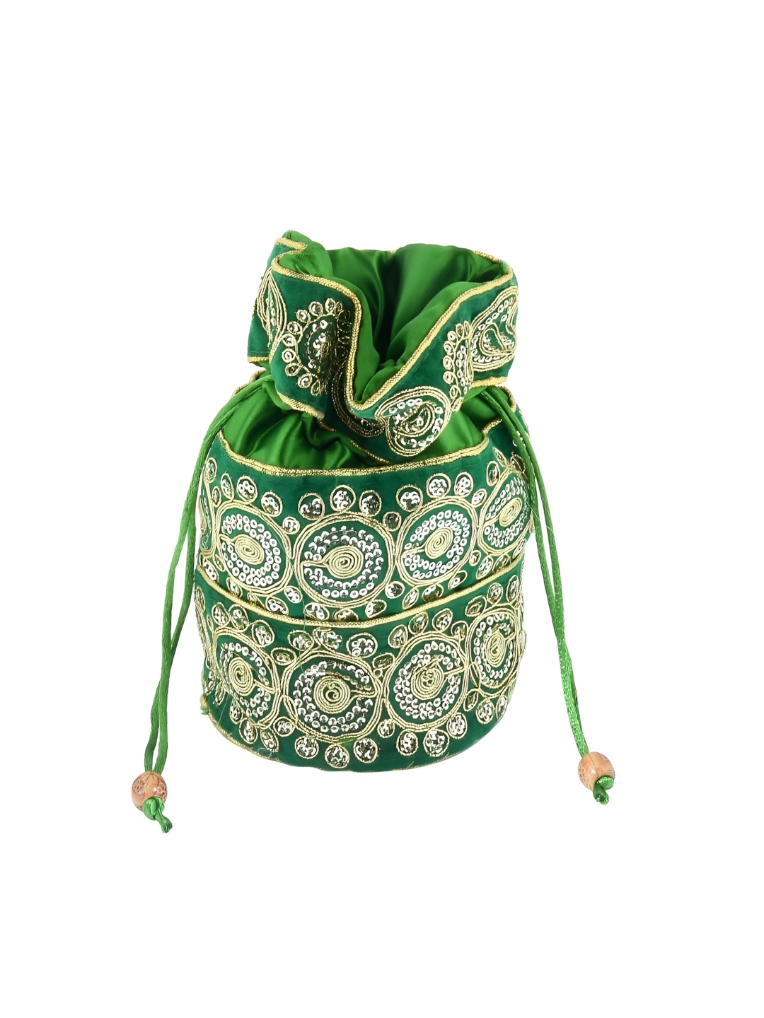 

MEMOIR Zari Work Embroidered Potli Clutch, Green