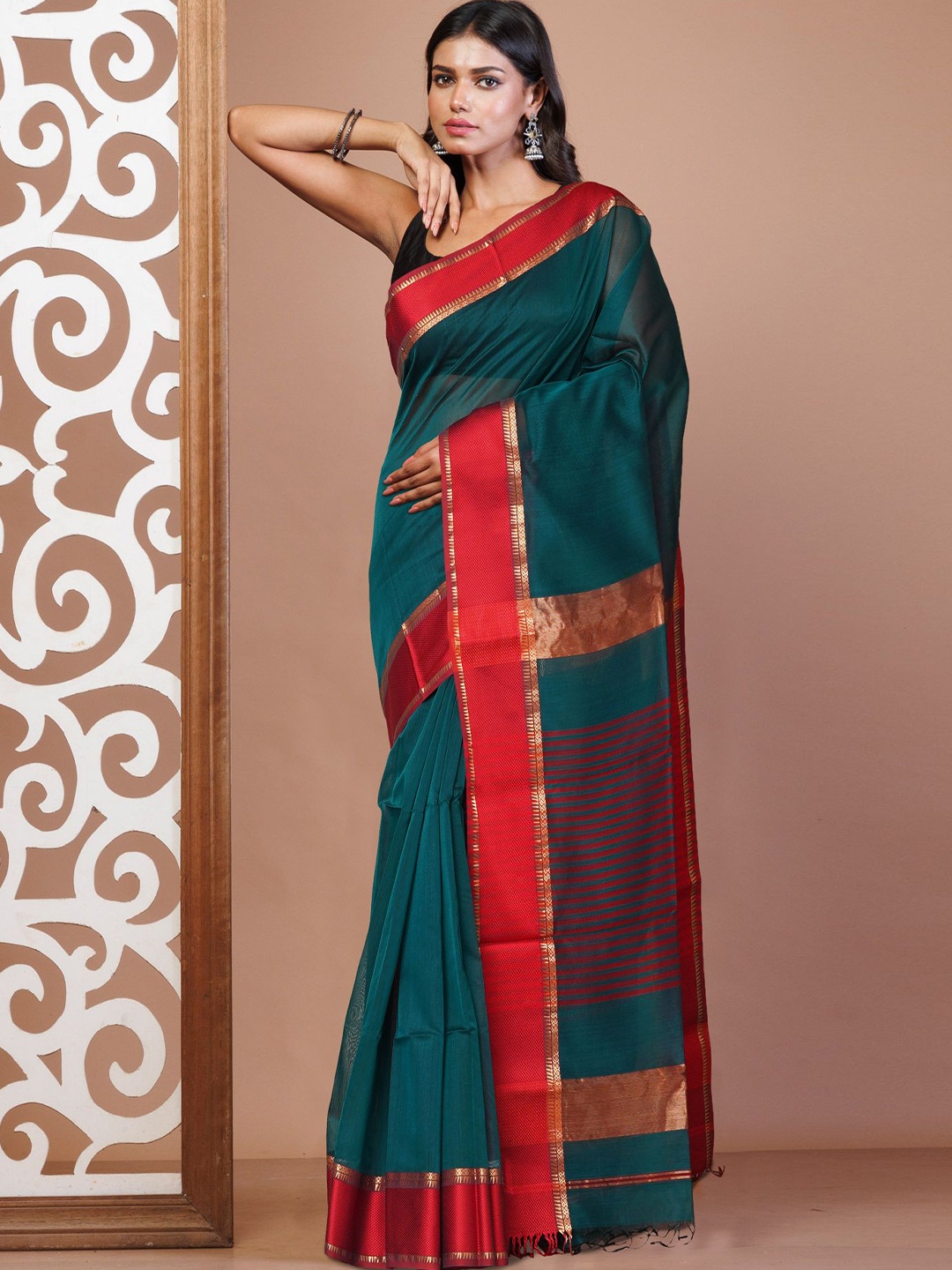

Unnati Silks Woven Design Maheshwari Saree, Green